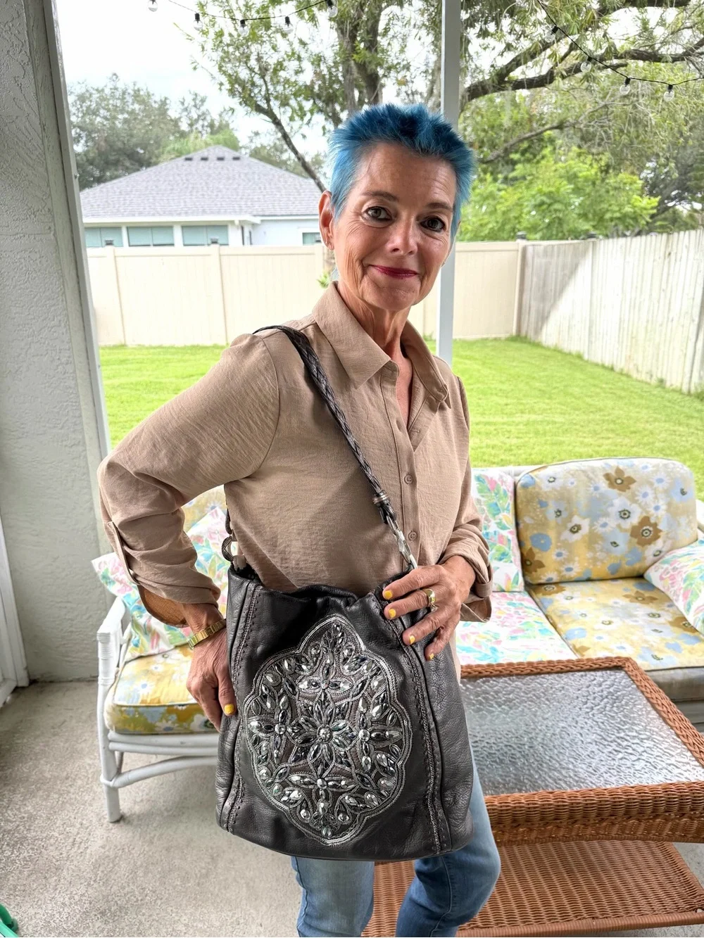 Brighton Anju Masterpiece Collection Pewter Leather Jeweled Shoulder Hobo Bag